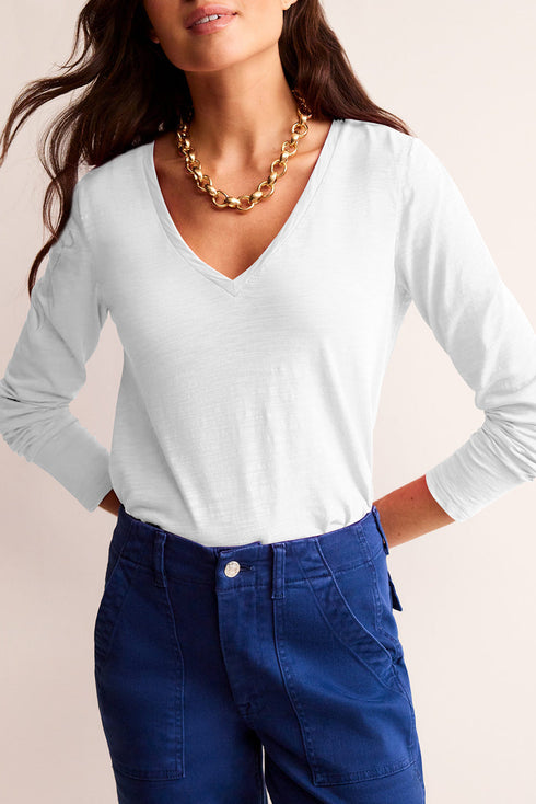 V-Neck Long Sleeve Relaxed Fit Pullover Top